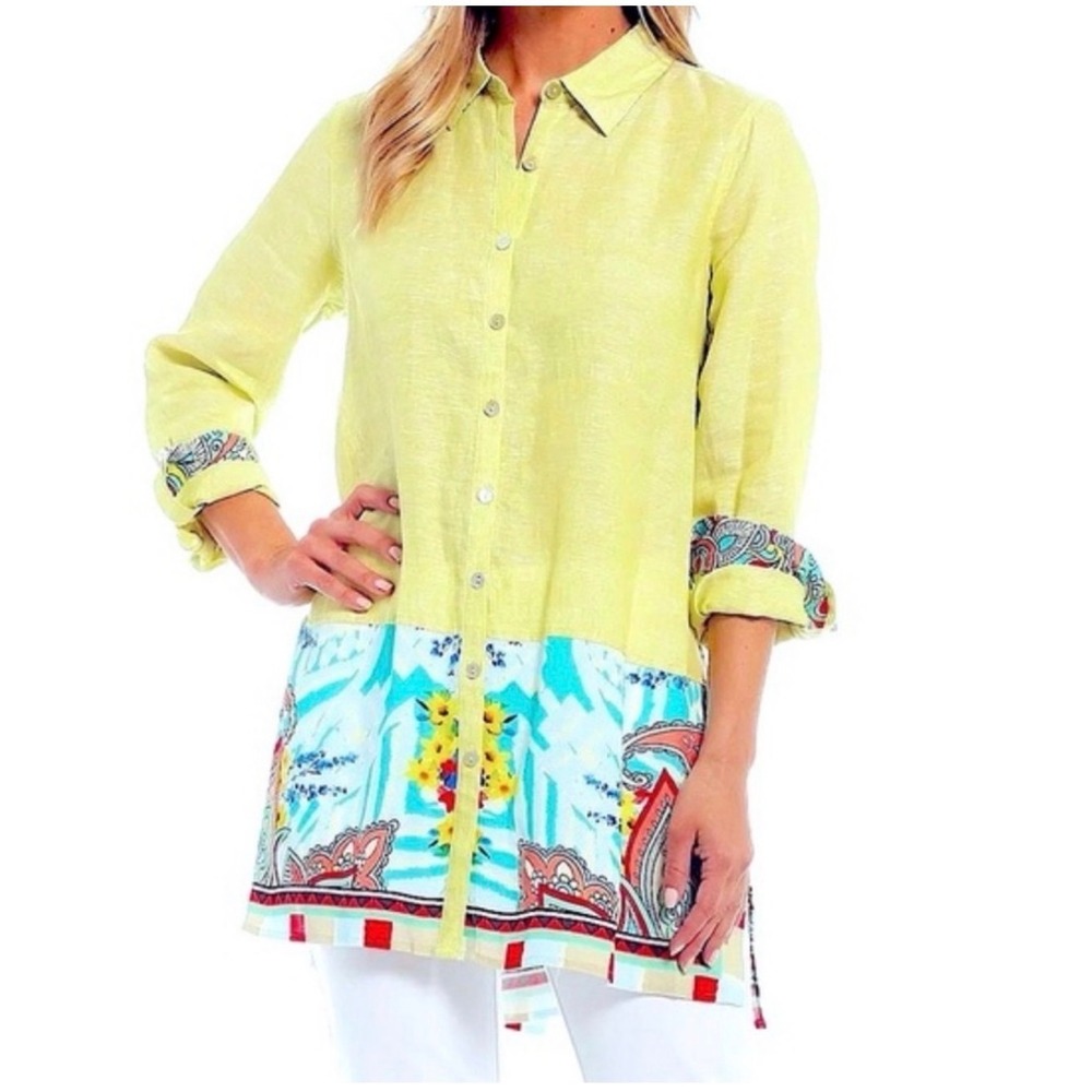 John Mark Small Graphic Mixed Media Linen Lagenlook Tunic Top Whimsigoth Boho
